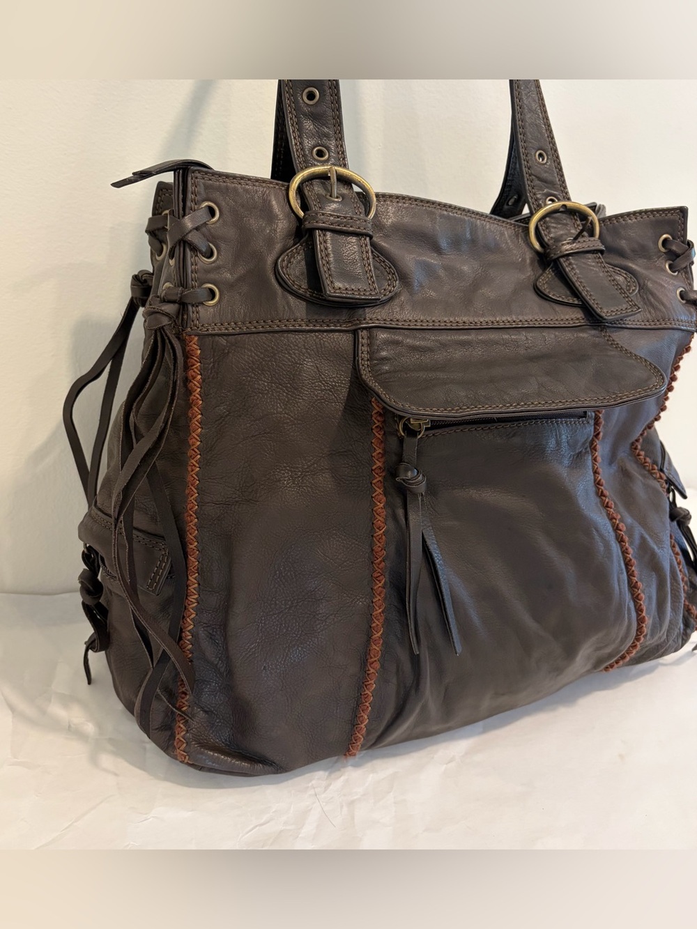 Nicoli Brown italian Leather oversized hobo fringe purse handbag shoulder bag - Picture 3 of 13